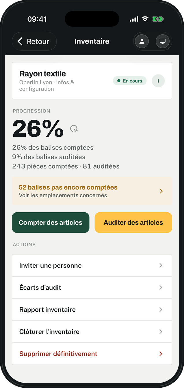 La fiche d’un inventaire dans l’application : progression, balises restantes et actions