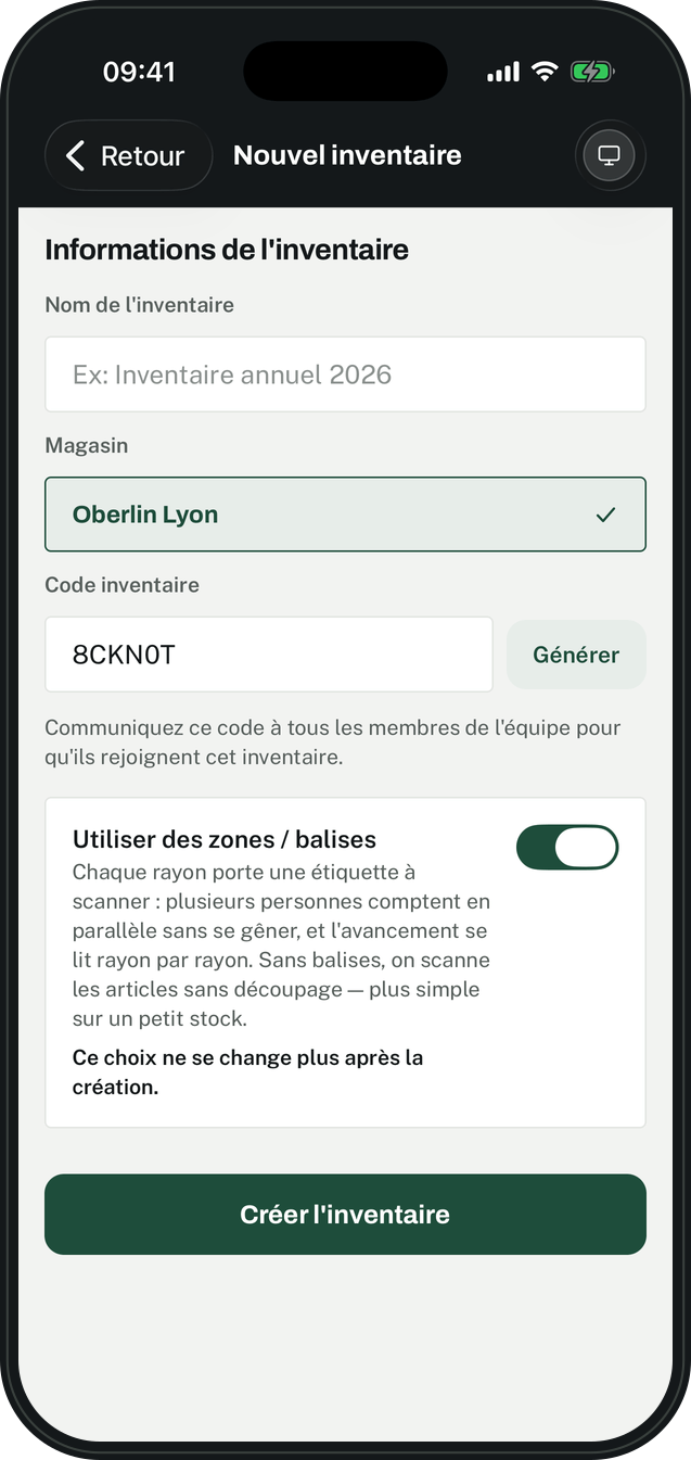 La création d’un inventaire dans l’application : nom, magasin, code, mode balises